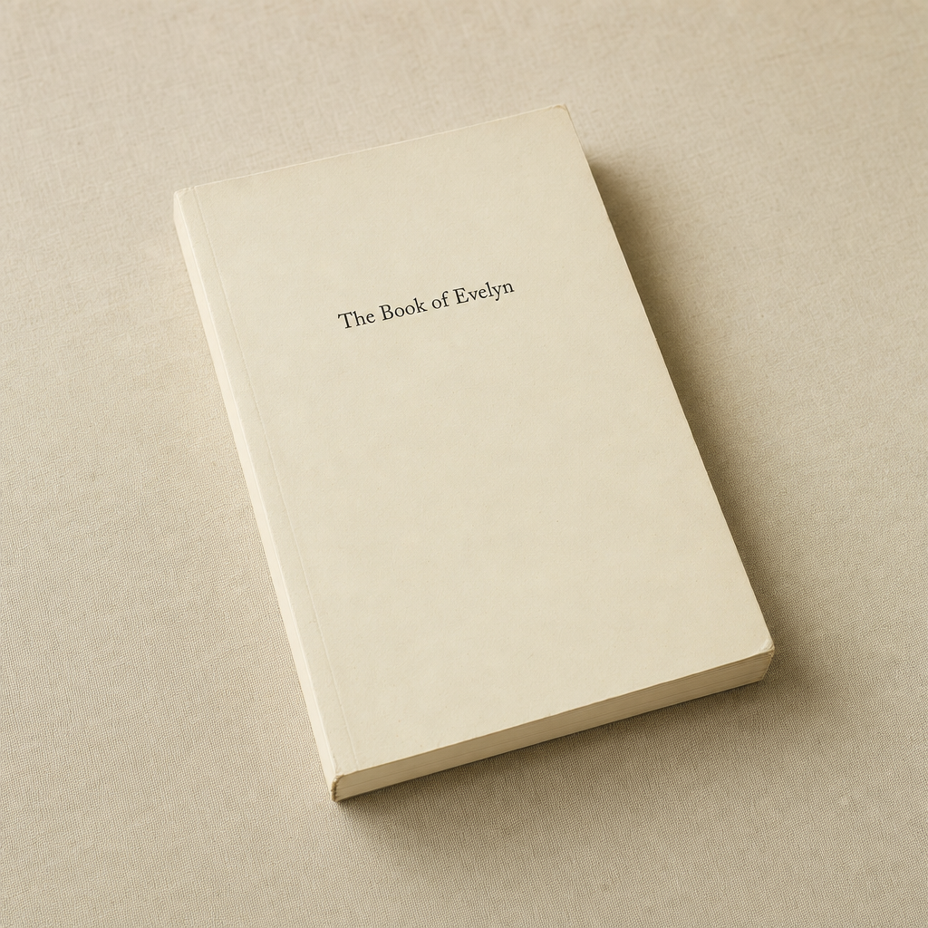 A matte paperback titled The Book of Evelyn on a warm cream linen surface.