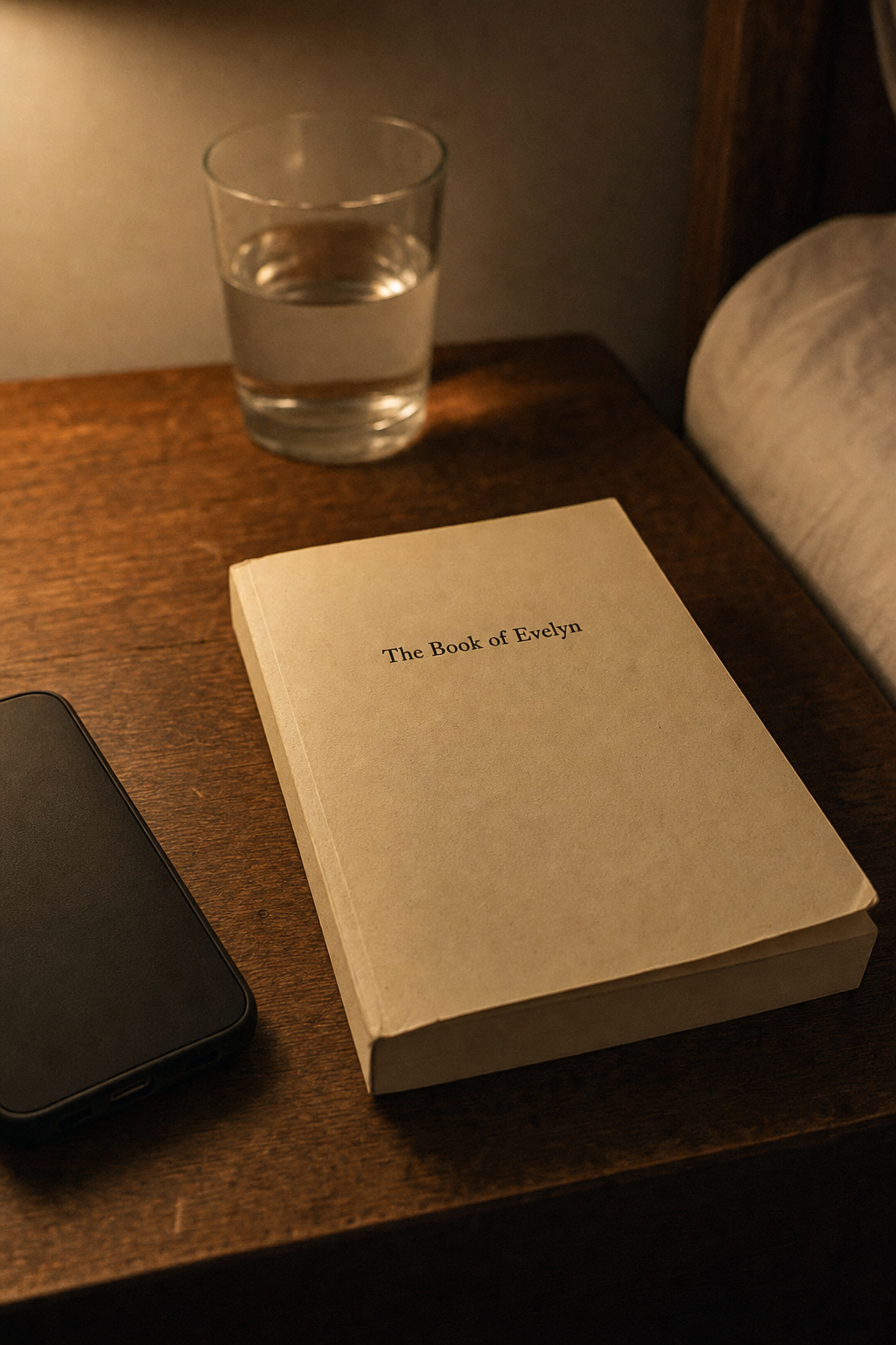 A closed paperback titled The Book of Evelyn on a dark wood bedside table, lit by warm lamp light.